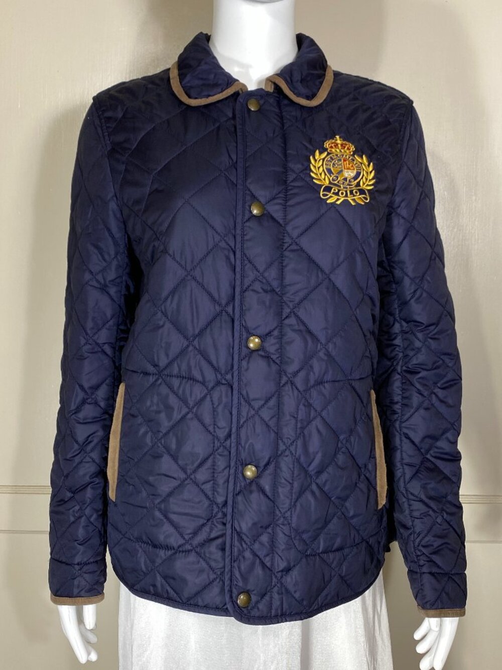 POLO RALPH LAUREN Quilted Jacket Navy Diamond Stitch Polo Crest Suede Trim M